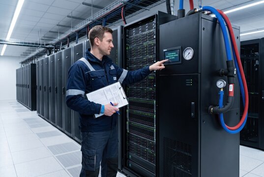 Technician inspecting coolant distribution unit touchscreen and pressure gauge in datacenter