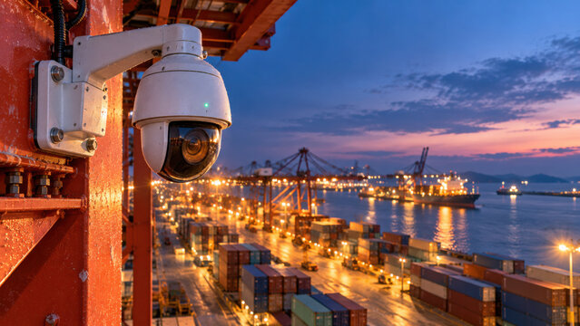 Surveillance camera monitoring port activity at dusk ensuring ai safety with clear view of shipping containers and cranes under evening sky