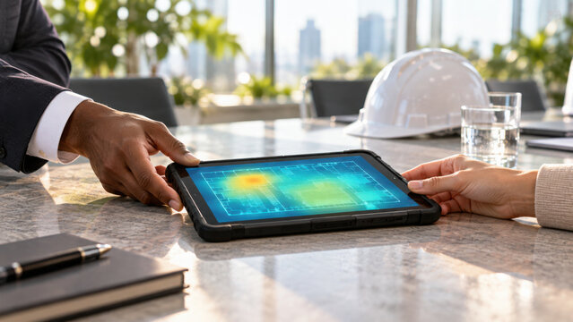 AI technology enhances safety monitoring with digital heatmap analysis on tablet used by professionals in modern office setting