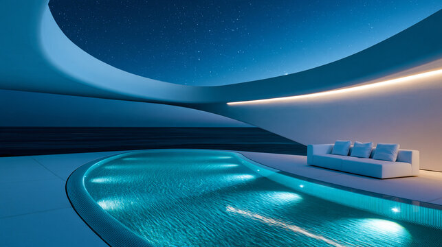 minimalist luxury villa terrace with infinity pool and ocean at night, modern curved architecture under a starry blue sky