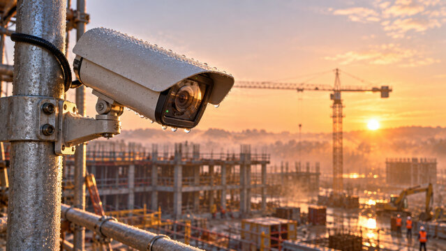 Surveillance camera with water droplets monitoring construction site safety at sunrise with crane and workers in background