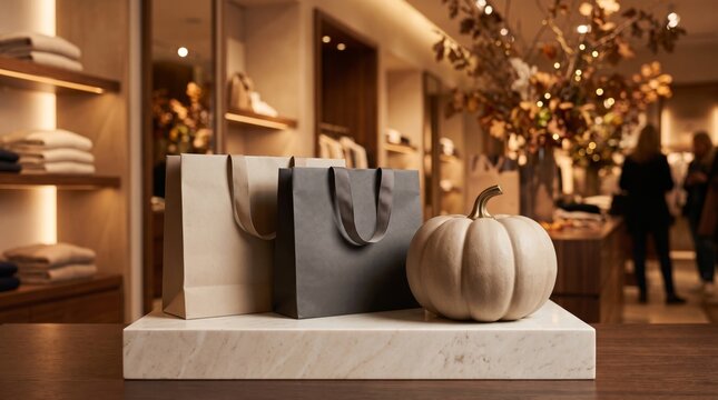 Neutral shopping bags and a cream pumpkin on a marble display in a boutique create an elegant autumn retail scene