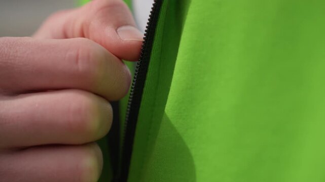 fabric and knuckles captured during cold dawn, detailed view of jacket zipper near knuckles on chilly morning, focused image showing zipper with knuckles and fabric in cold weather