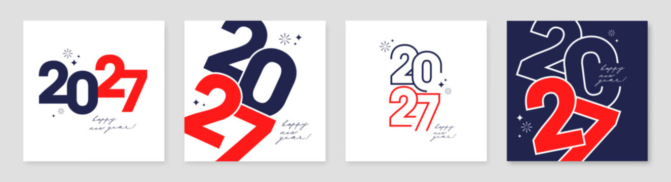 2027 Happy New Year typography set. Modern minimalist square templates, greeting cards and covers with bold red and navy numbers vector backgrounds.