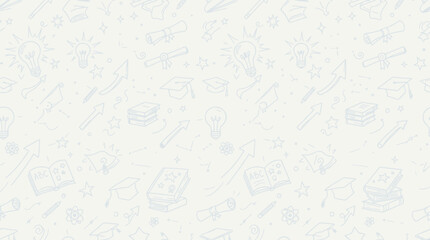 Obraz premium Subtle light grey background pattern featuring hand-drawn educational and creative icons like light bulbs, books, graduation caps, and pencils.