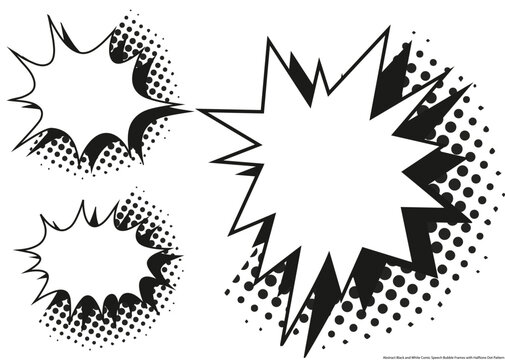 Comic Book Speech Bubbles Set with Halftone Effect and Explosive Starburst Shapes