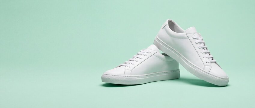 A pair of clean white leather sneakers isolated against a solid light green background with sneakers positioned together background studio product together flat surface with against soft mint, fashion