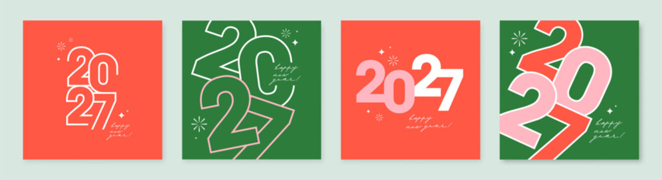 2027 Happy New Year typography set. Modern festive square templates, greeting cards and social media covers with bold outline numbers in red and green vector.