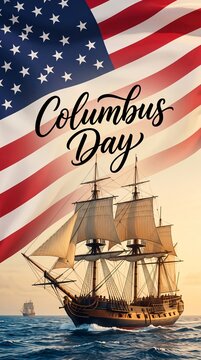 Columbus Day greeting with vintage sailing ship and American flag background