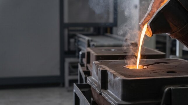Molten liquid metal pouring from crucible into sand casting mold with smoke in foundry factory