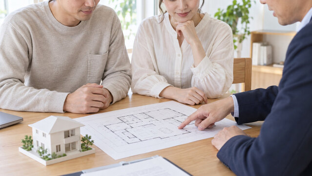 住宅模型と間取り図を前に相談する夫婦の写真