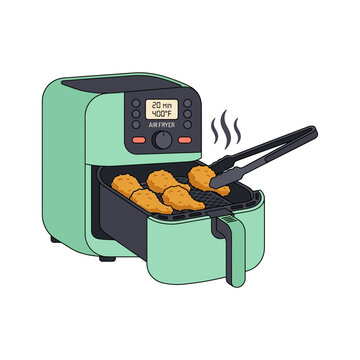 Illustration of a modern green air fryer cooking crispy chicken drumsticks with kitchen tongs.