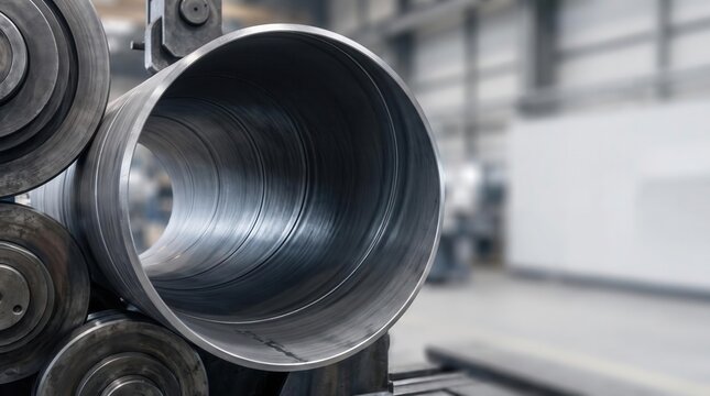 Large diameter steel pipe being formed on plate bending roll machine in metalworking factory