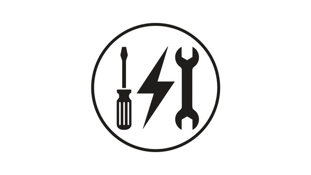 Electrical repair service icon featuring screwdriver wrench and lightning bolt symbol in minimalist black vector illustration style