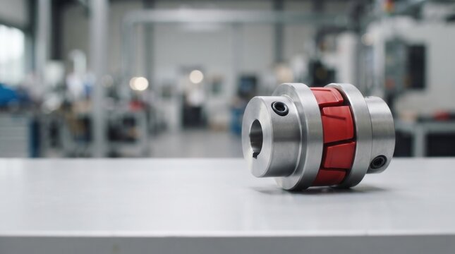 Flexible jaw shaft coupling with red elastomer spider element on metal workbench