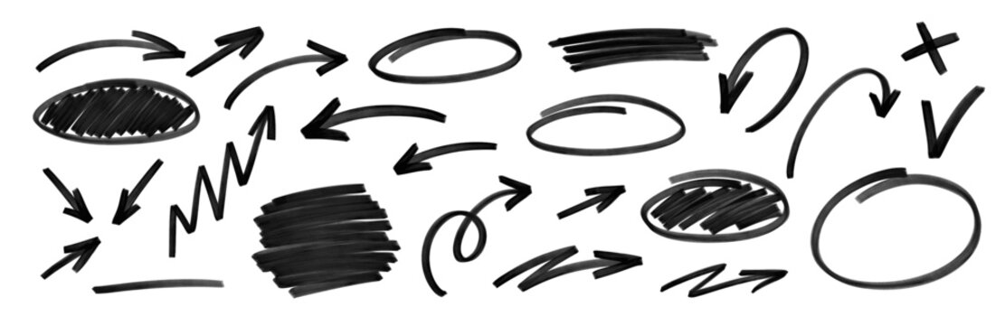 Black marker hand drawn doodle elements set. Sketch arrows, circles, check marks, underlines and scribbles vector collection isolated on white.