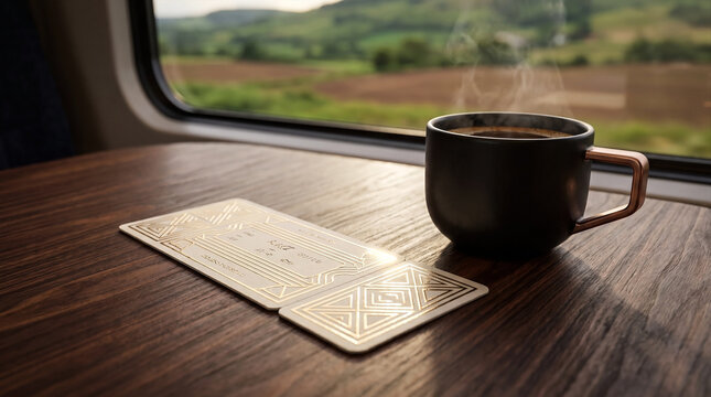 Blank luxury gold travel ticket and a black coffee cup on a wooden table by a train window overlooking the countryside