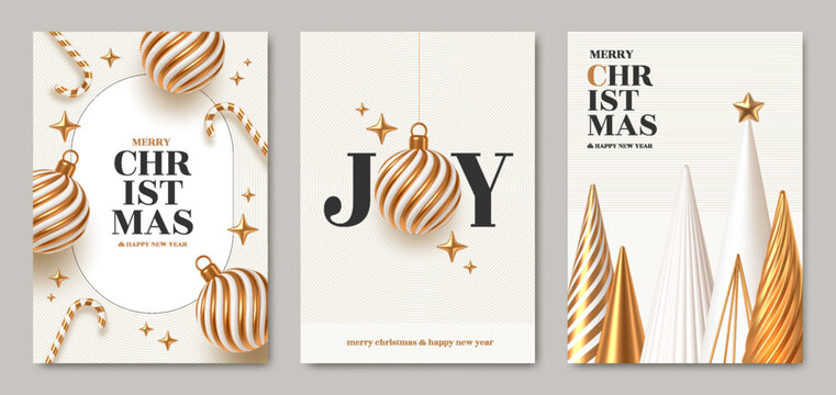 Premium Merry Christmas greeting cards collection. Elegant modern templates with 3D gold and white baubles, abstract pines and typography vector.