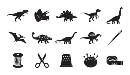 Dinosaur Icons and Sewing Elements Vector Set: Prehistoric Creatures, Crafting Tools, Vintage Style Graphics for Design Projects © Tasin22