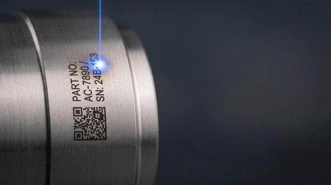 Blue fiber laser beam engraving part number and QR code on cylindrical metal component