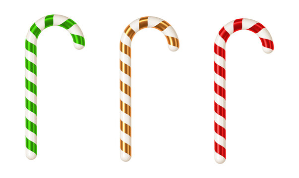 Set of 3D striped Christmas candy canes. Realistic glossy red, green and gold peppermint sticks isolated on white background vector illustration.