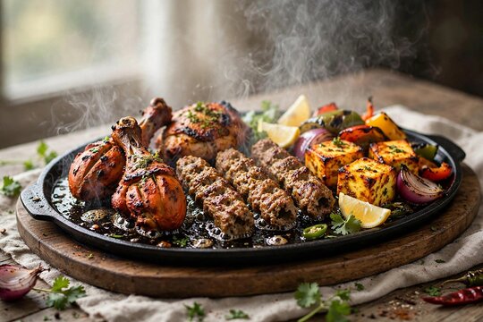 Sizzling tandoori mixed grill with chicken, kebabs and paneer tikka on iron sizzler