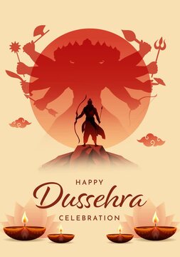 Dussehra Festival Animated Greeting with Ravana Silhouette, Glowing Oil Lamps and Traditional Indian Decorative Elements