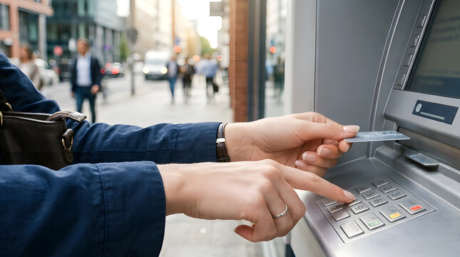 A young woman making a financial transaction at an outdoor cash machine on a modern city street. 