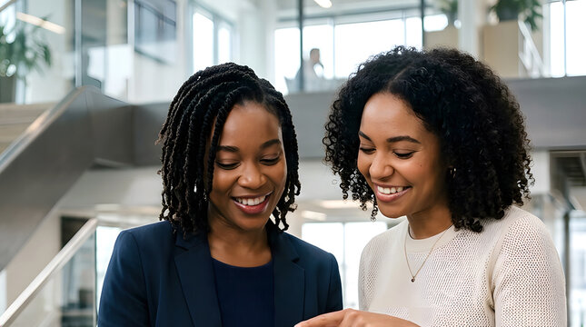 Two young Black women sharing content on a smartphone while standing and chatting on modern office stairs, representing social media, digital communication, technology, and professional connectivity.