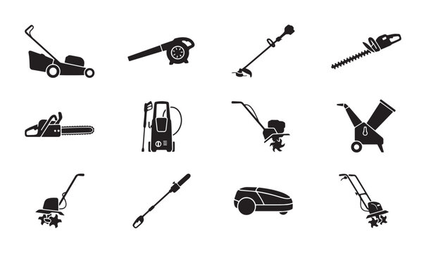 Gardening Equipment Icons: Lawn Mower, Blower, Trimmer, Chainsaw, Pressure Washer, Tiller, Chipper, Robotic Mower Set