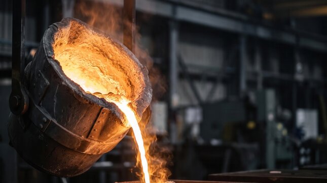 Molten metal pouring from industrial foundry ladle into mold during metal casting process
