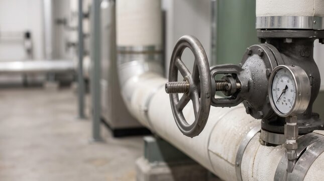 Industrial gate valve handwheel with pressure gauge mounted on insulated pipeline
