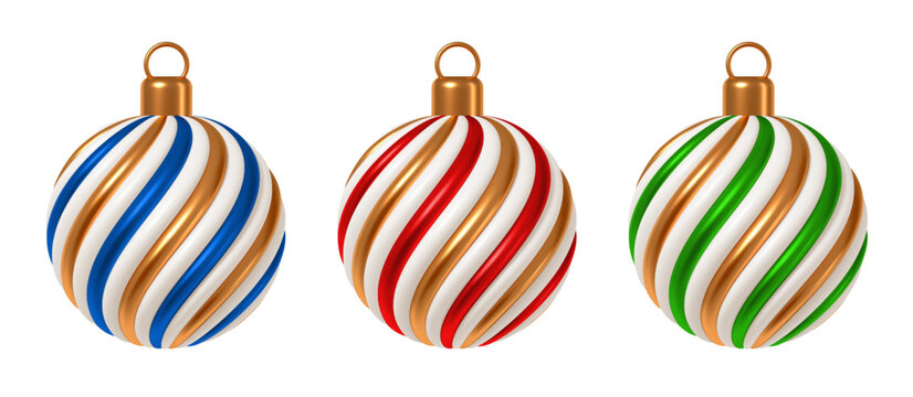 Set of 3D striped Christmas baubles. Realistic glossy red, green and blue spiral ornaments with gold details isolated on white background vector.