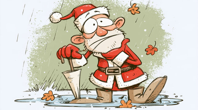 Quirky surprised cartoon Santa Claus standing with umbrella autumn leaves drawn