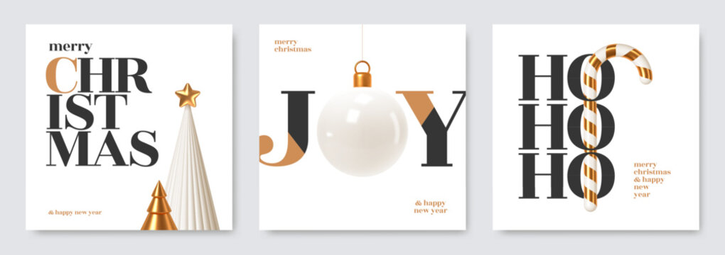 Merry Christmas greeting cards set. Minimalist modern square templates with 3D gold and white bauble, candy cane, abstract cone trees and bold typography isolated on white background vector.