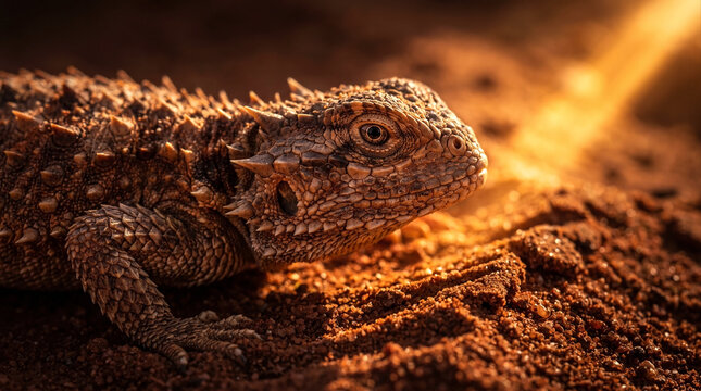 Macro shot of a thorny devil lizard resting on red desert sand under warm sunlight