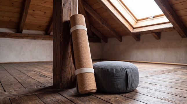 Cork yoga mat and meditation cushion in a rustic wooden attic loft