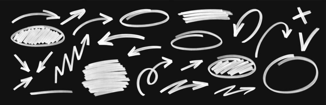 White hand drawn marker doodles set with arrows, circles, underlines, check marks and scribble highlights isolated on black background vector illustration.