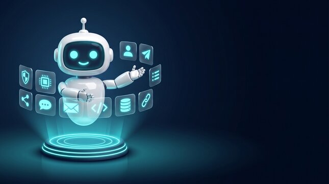 Futuristic AI chatbot robot assistant with glowing holographic HUD icons, modern digital artificial intelligence automation concept, dark blue technology background