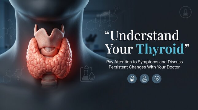 Human thyroid gland anatomical illustration with medical text and icons