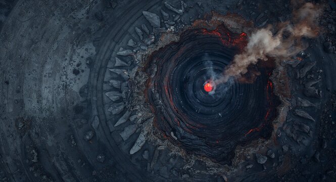 Aerial top down view of volcano crater interior revealing concentric rings of hardened lava fumaroles and steaming vents mapping volcanic activity zones with copy space on the left