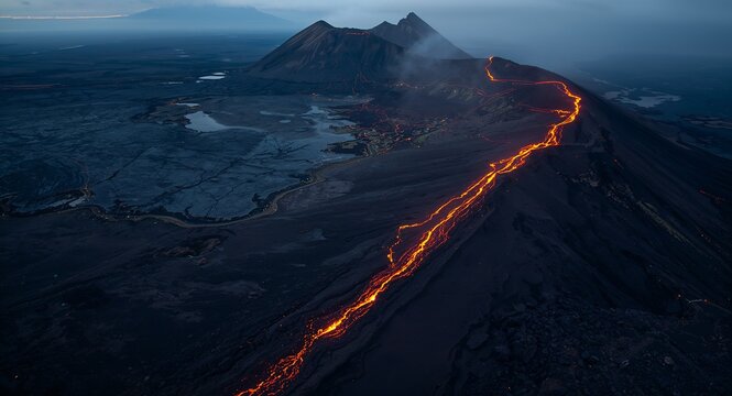 High altitude shot of mountain with lava trail glowing through ash fields leaving ember line against charcoal volcanic rock with copy space on the left