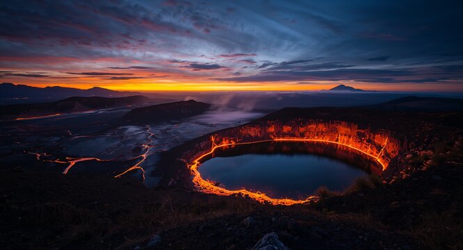 Dramatic volcanic scenery with glowing lava fields reflected in adjacent crater lake at dusk under fiery horizon with copy space on the left, volcano, active volcano and volcano eruption concept