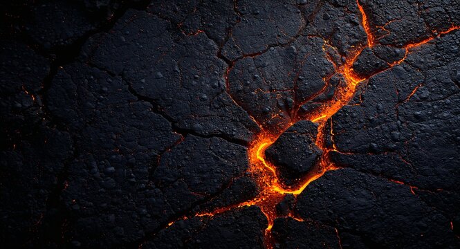 Close up photograph of lava cracks in earth revealing glowing molten fissures cutting through hardened volcanic rock with granular textures with copy space on the left