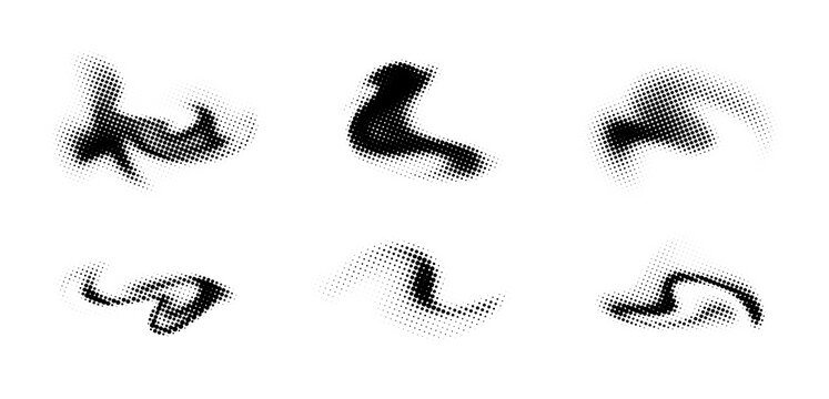 Abstract black halftone fluid shapes set. Retro comic dotted brush strokes, wavy smears and distorted design elements isolated on white background vector.