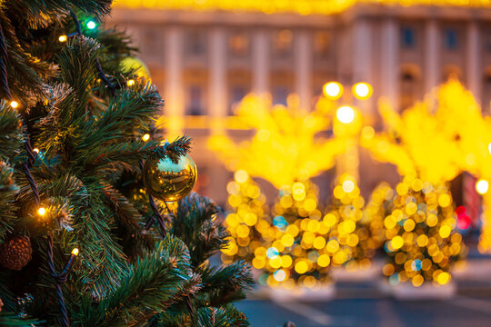 Festive New Year and Christmas decorations in the evening city.  Saint Petersburg, Russia.