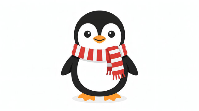 Cute cartoon penguin wearing a red striped scarf on white background