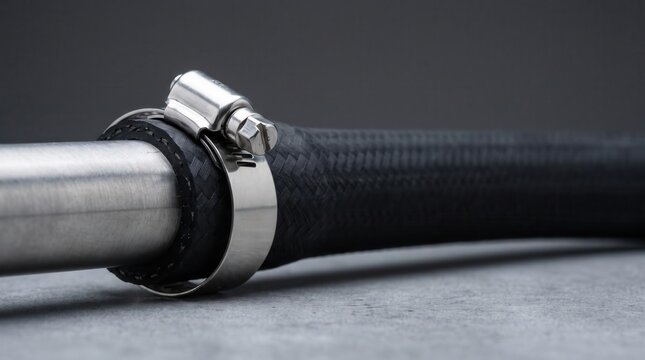 Stainless steel worm drive hose clamp securing reinforced black rubber hose to metal pipe