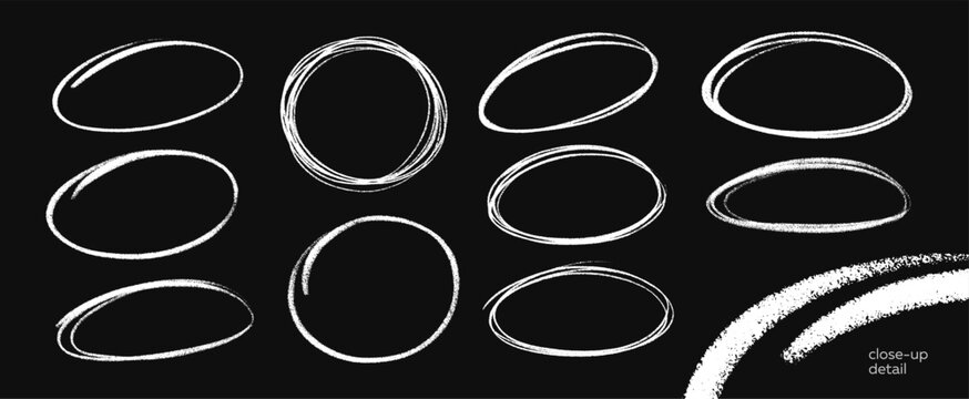 Hand Drawn White Chalk Circles and Oval Highlight Frames Set with Rough Scribble Texture on Black Background Vector Illustration