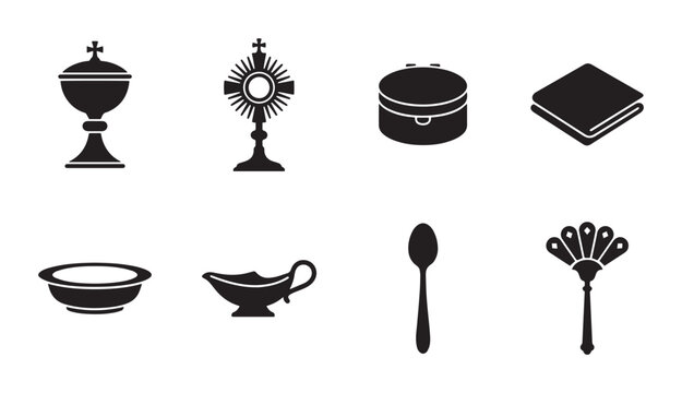 Religious Catholic Icons Set, Sacred Ceremony Objects, Christian Worship Vessels, Holy Communion Elements, Vector Graphics